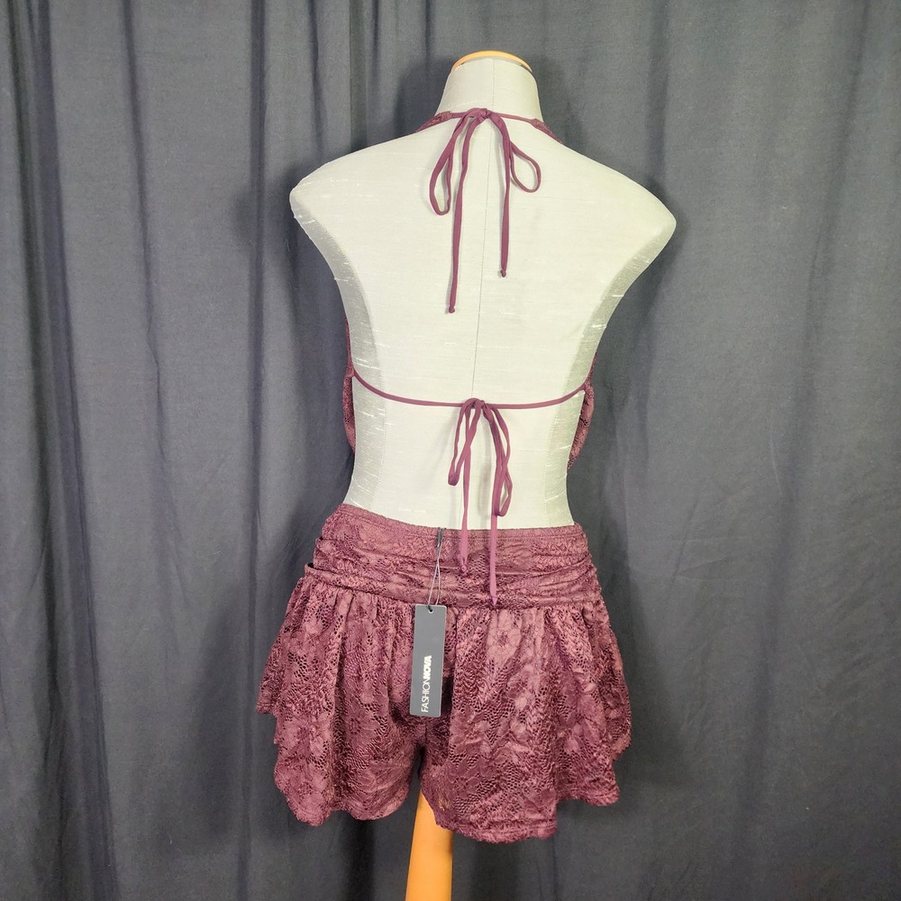 Lace Romper Burgundy Cutout Halter Buckle‎ Mini S sheer party cocktail - Picture 4 of 6